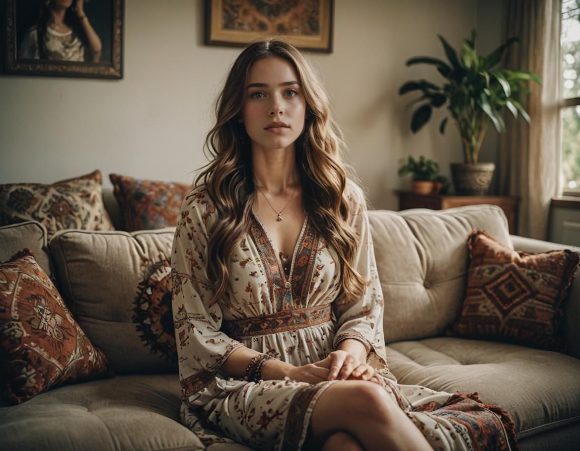 Stunning Woman in Boho Dress, Cinematic Portrait