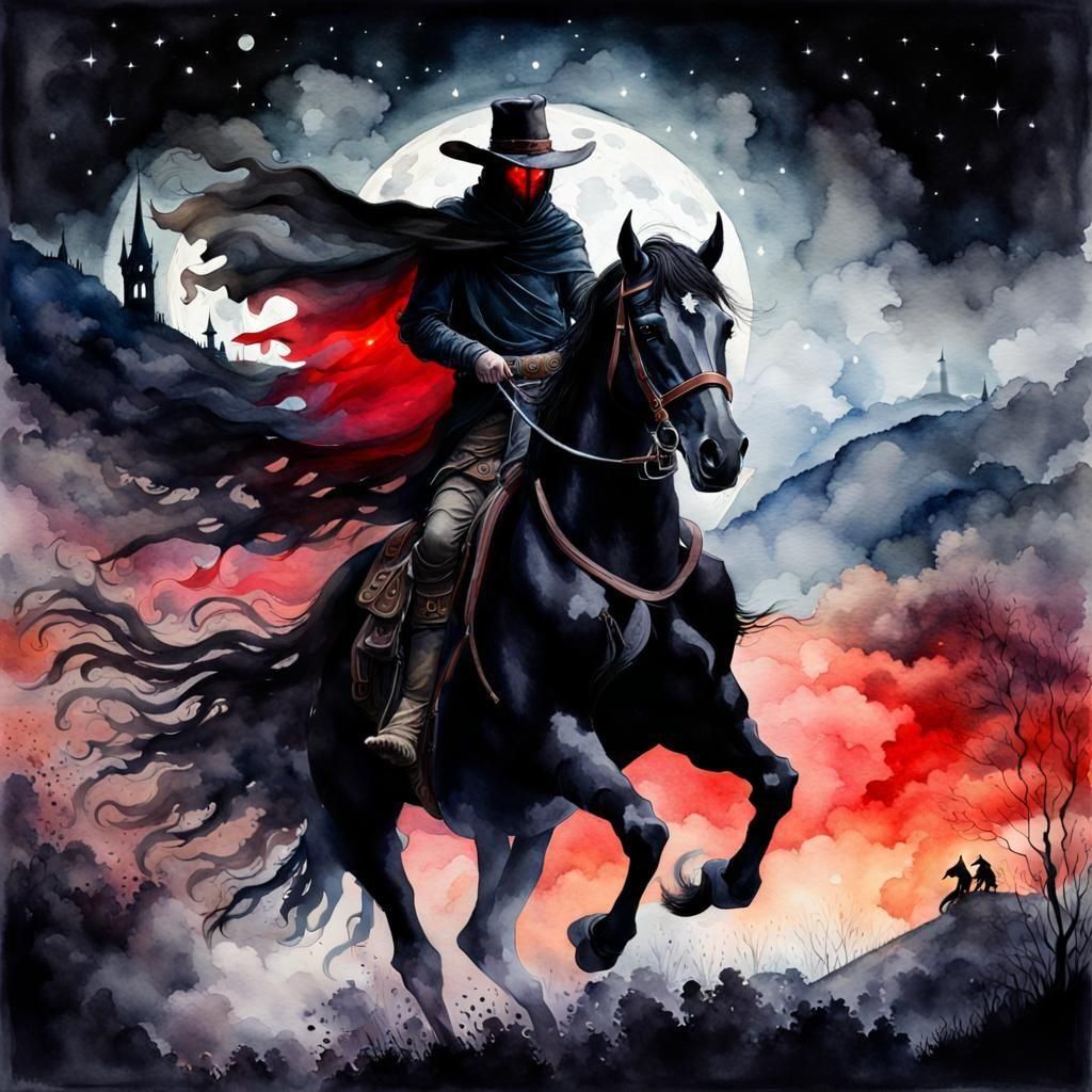 Nazgul Cowboy Rides in Impressionistic Watercolor