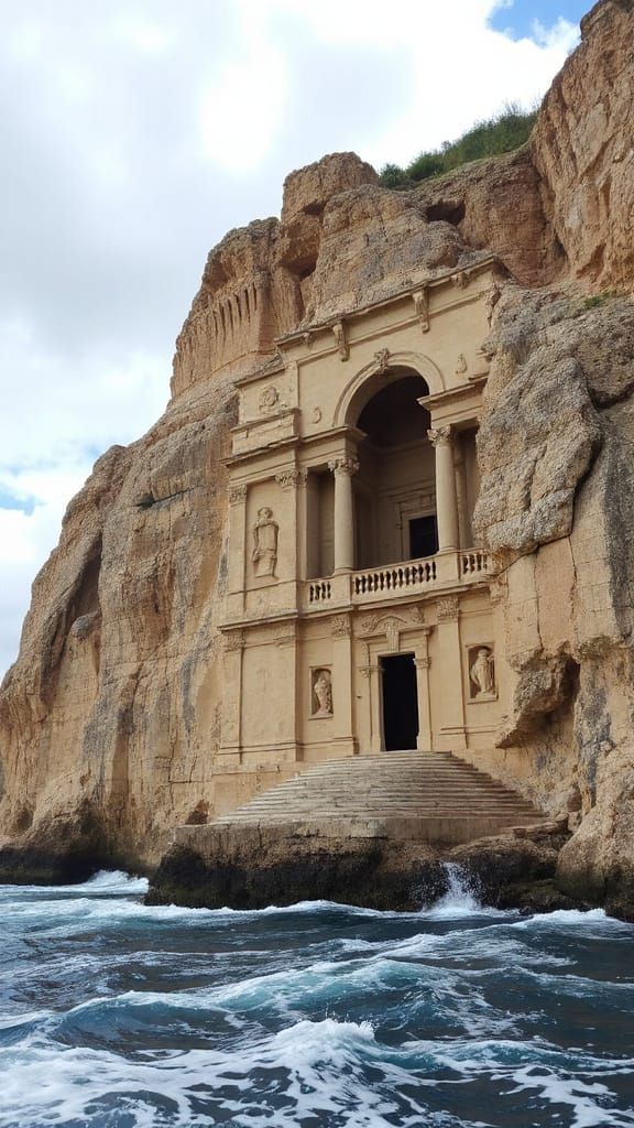 Ancient Cliffside Structure Overlooking Turbulent Sea