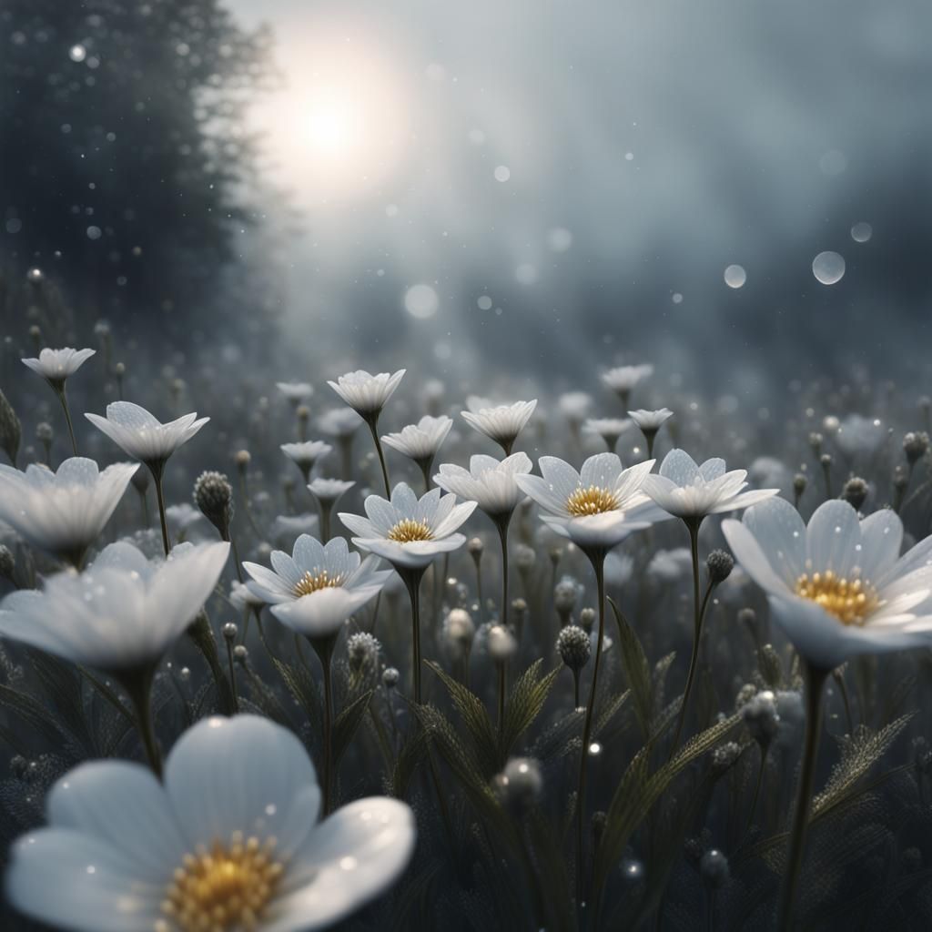 Foggy White Flowers with Dewdrops: Detailed Matte Painting