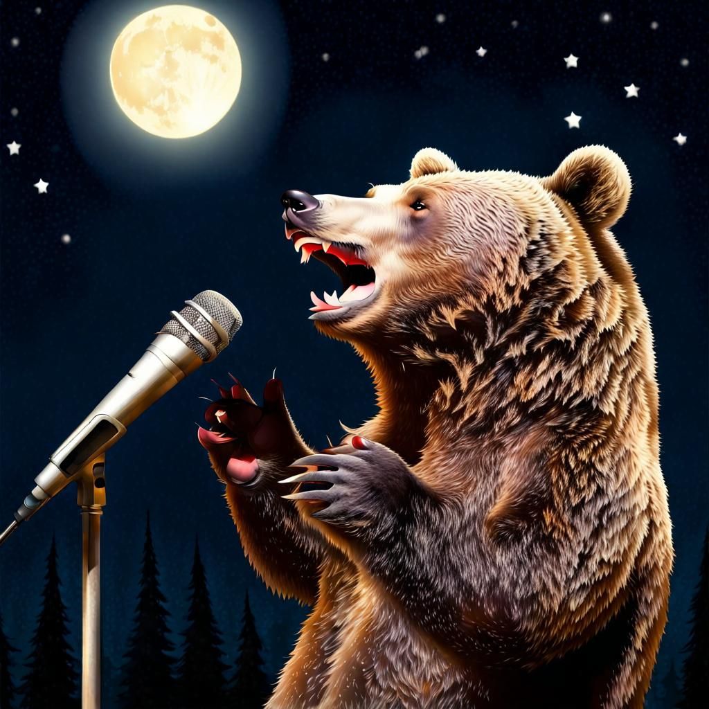Anthropomorphic Bear Singing at Night