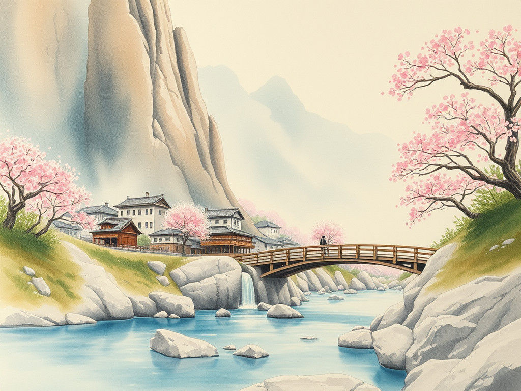 Serene Village Scene with Cherry Blossoms in Watercolor