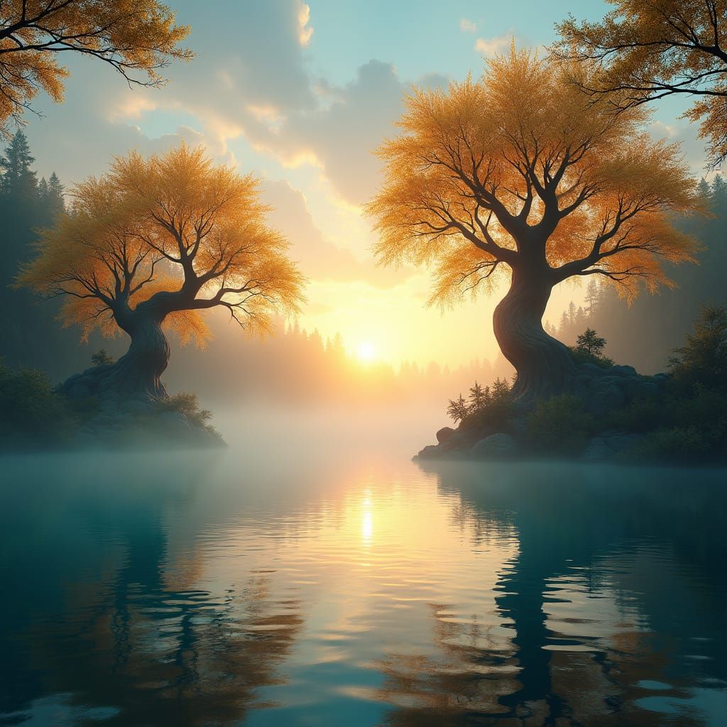 Golden Trees Float Above Crystal Lake: Surreal Matte Paintin...