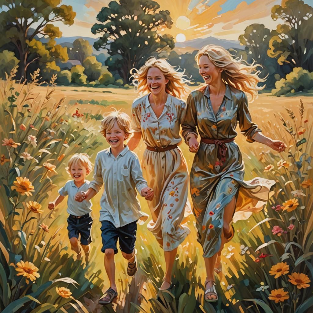 Mother and Children Running in Sunlit Field, Oil Painting