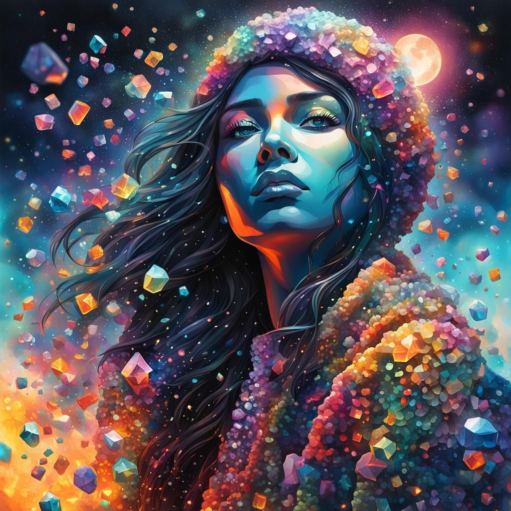 Crystalline Woman in Moonlight: Hyperrealistic Graffiti Art