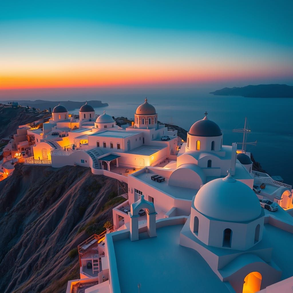 Santorini at Dusk: Hyperrealistic Aerial View