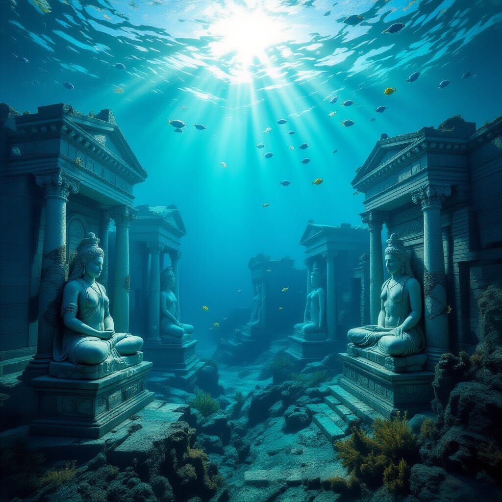 Sunken Ancient City Ruins with Statues and Fish