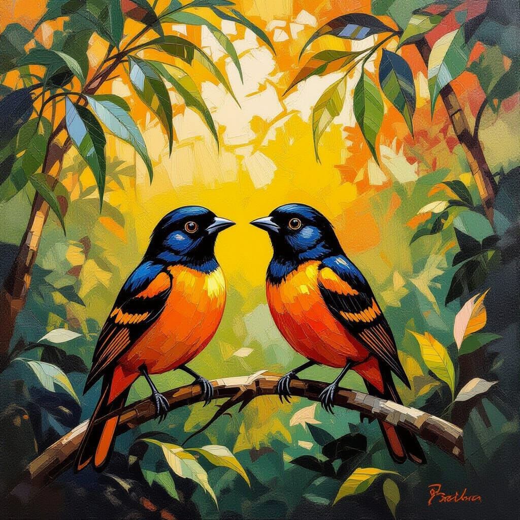 Orange-Backed Troupials in Neo-Impressionist Style