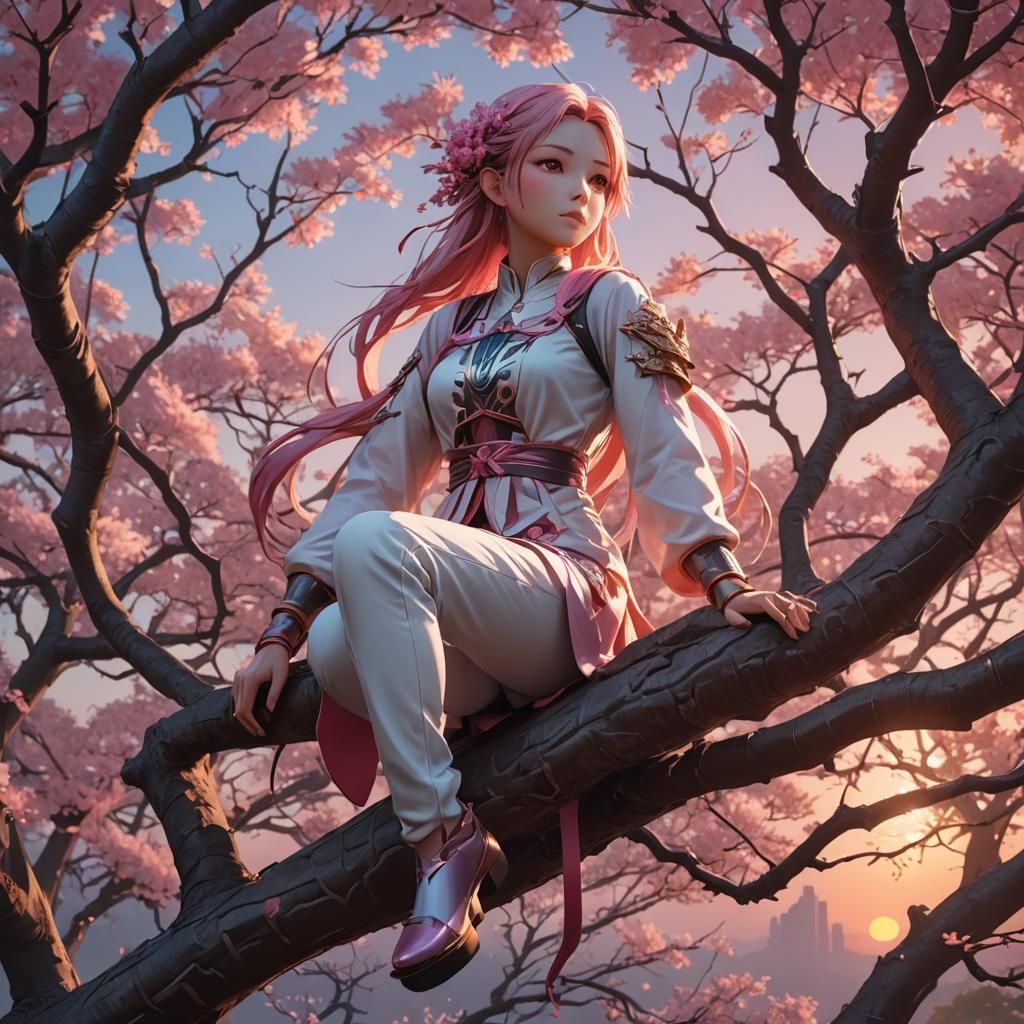 Anime Sunset: Figure on Pink Sycamore Tree