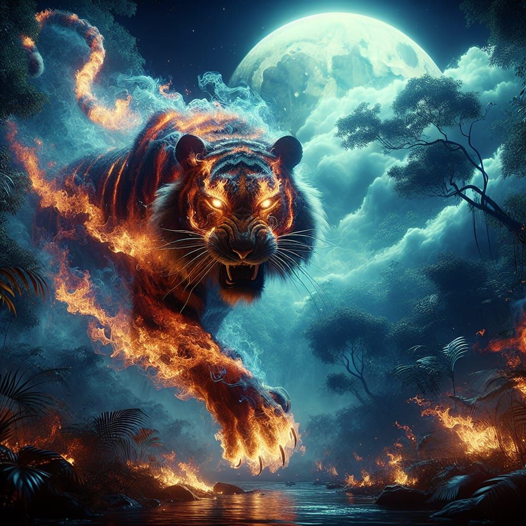 Fiery Tiger Prowls Through Moonlit Jungle