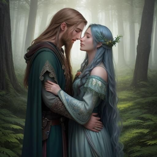 Druid and Viking Kiss in Mystical Forest
