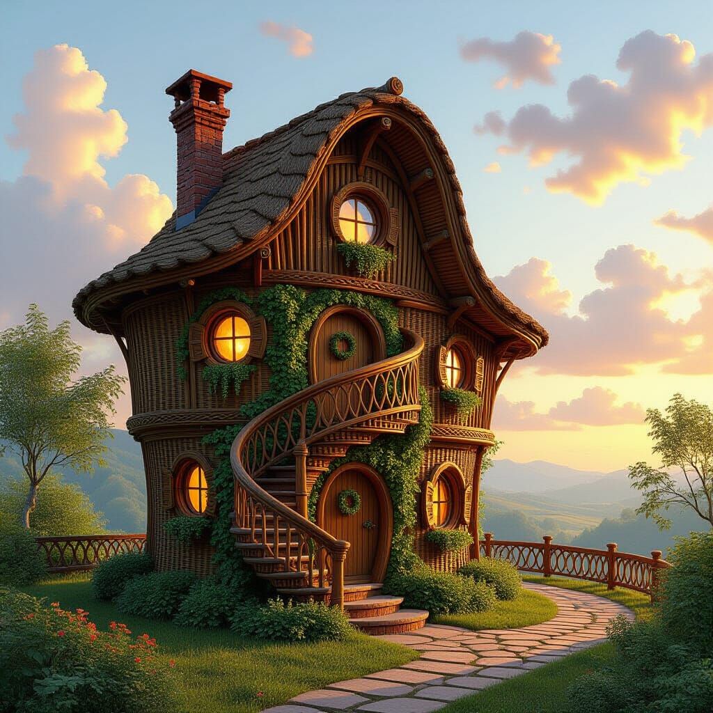 Whimsical Wicker Basket House in Fairytale Landscape