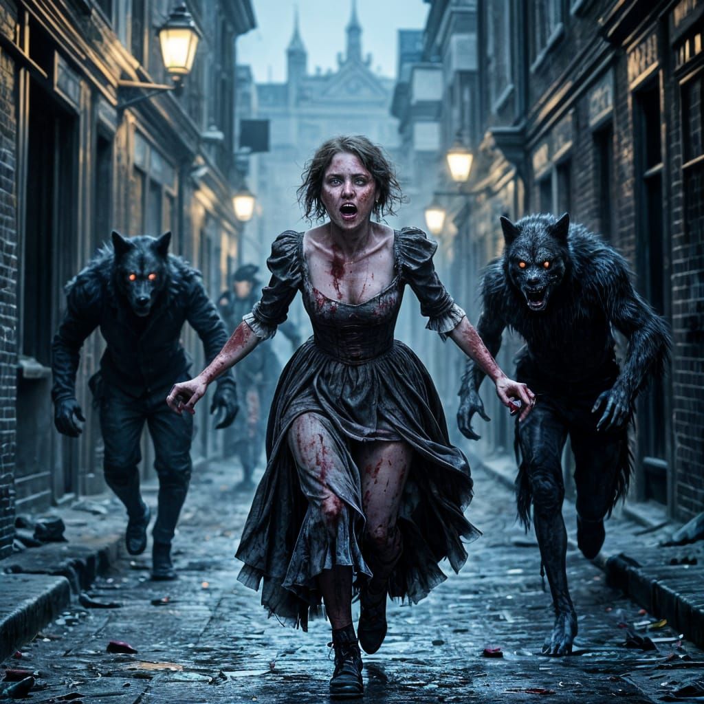 Terrified Woman Fleeing Werewolves in London Alley