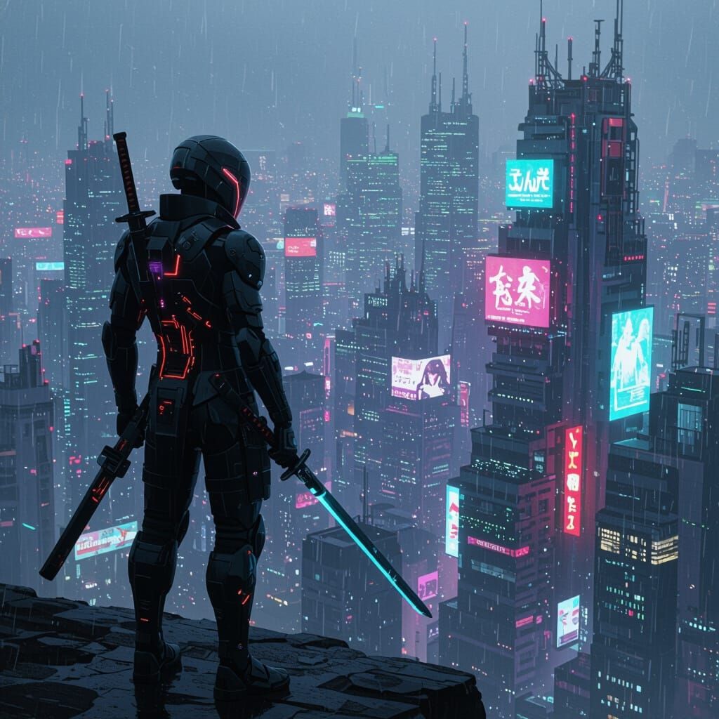 Ninja Overlooks Cyberpunk City in Anime Style