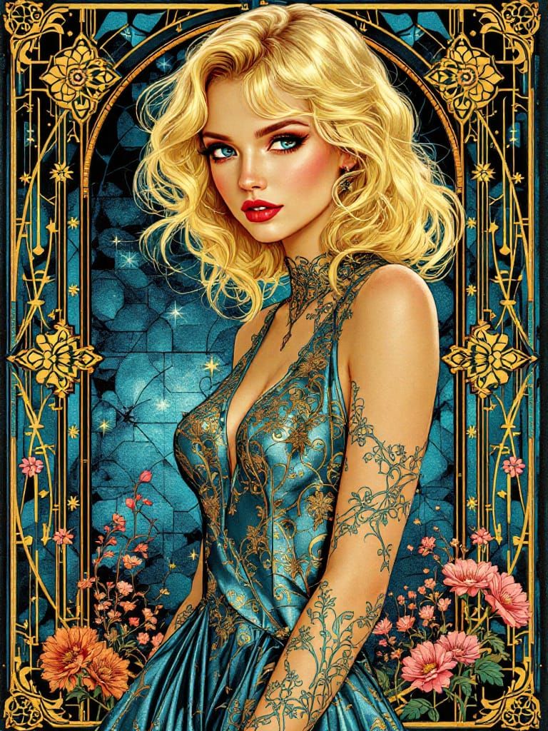Art Nouveau Pin-Up Woman in Metallic Cyan Dress