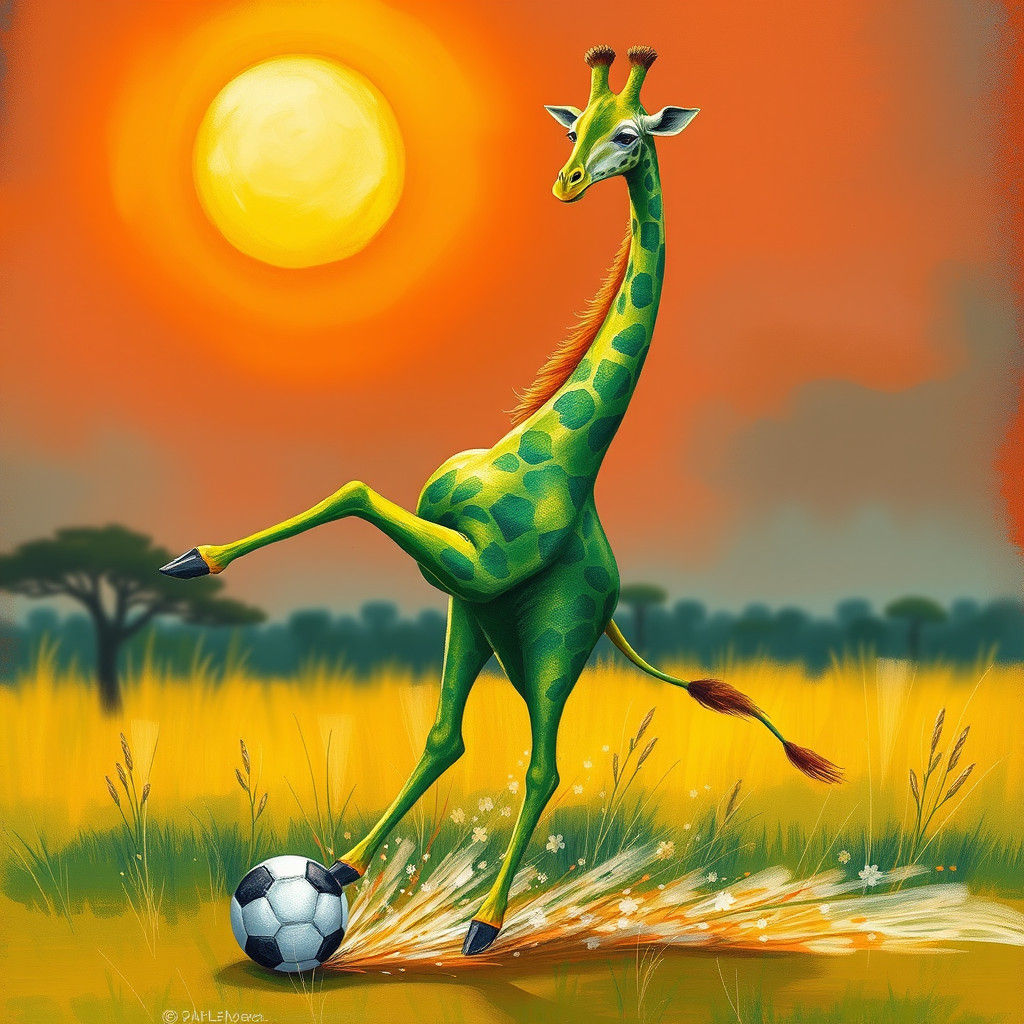 Green Giraffe Kicks Soccer Ball in Naive Art Style