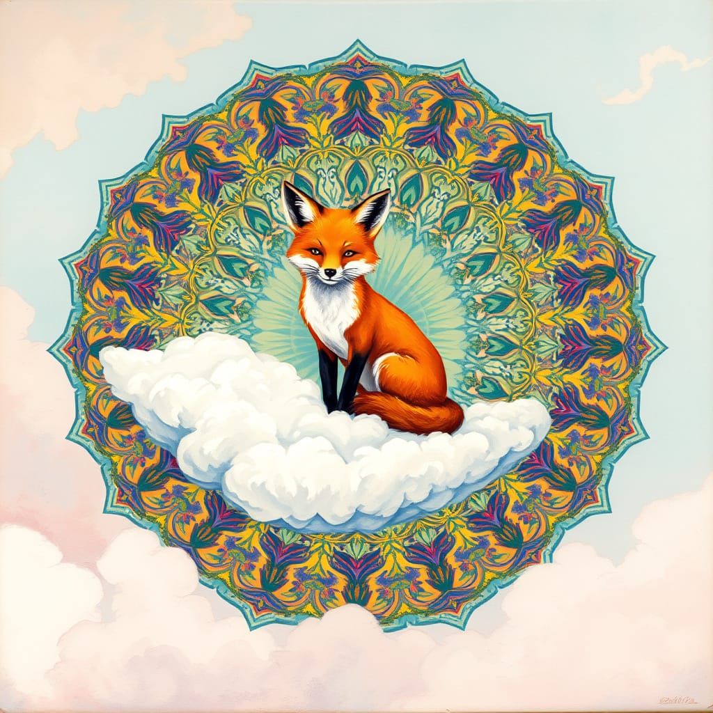 Whimsical Fox in Dreamy Gouache Landscape
