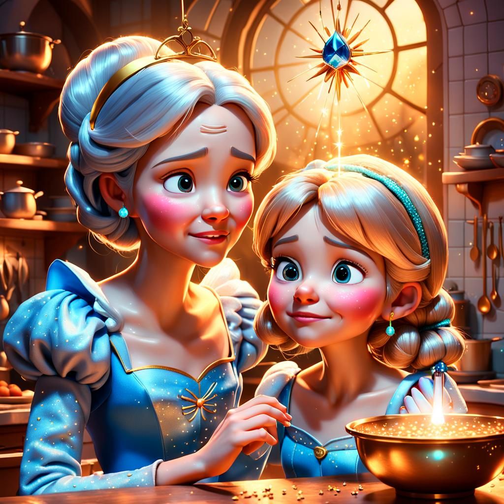 Cinderella Crying with Fairy Godmother: Pixar-Style 3D Art