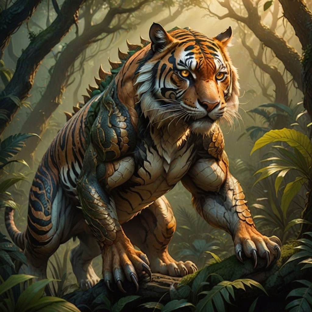 only four legs, realistic hybrid creature, cross of a Tiger and a European style Dragon, standing in a thick jungle
