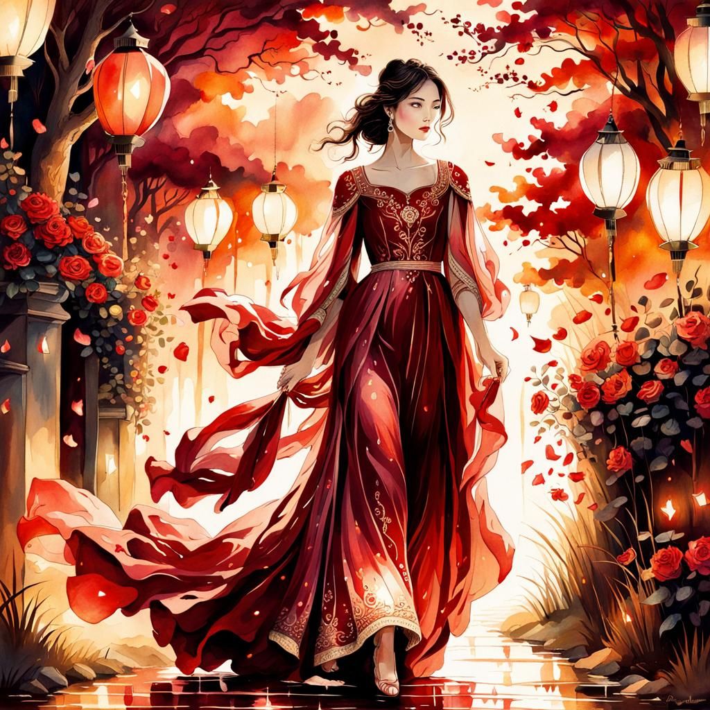 Ethereal Woman with Lanterns in Watercolor Style