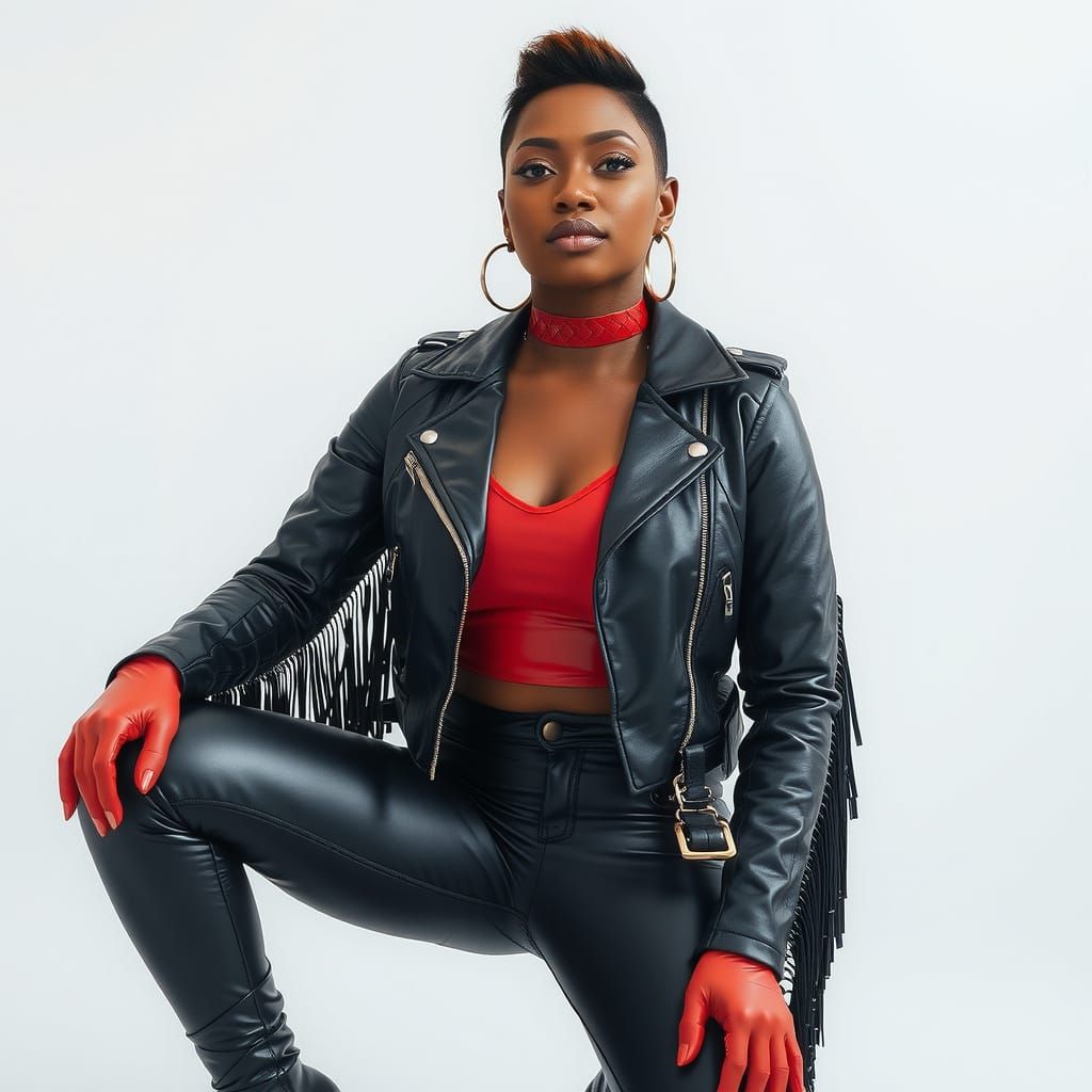 Confident Woman in Red Leather Outfit Portrait