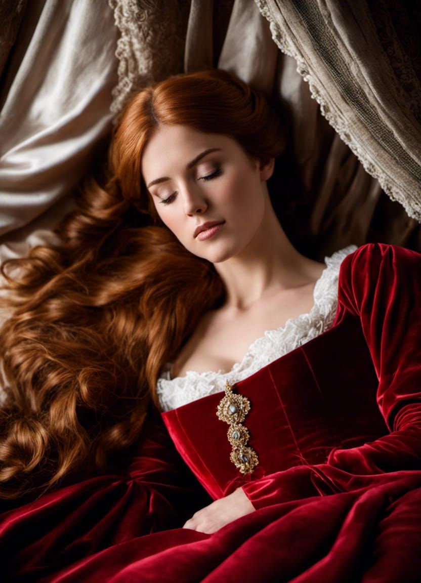 Auburn Haired Woman Sleeping in Velvet Dress