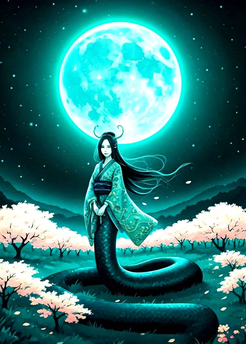 Surreal Ink Painting of Mystical Woman with Serpentine Lower...