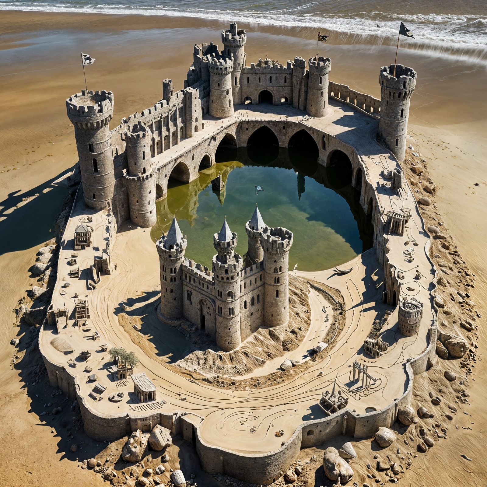 Sand Caernarfon Castle Replica on Beach, Surreal Art