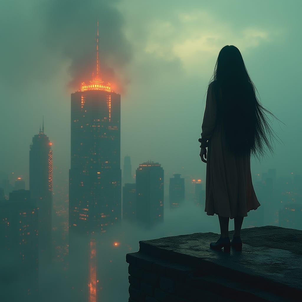 Mature Woman Amidst Mystical Metropolis