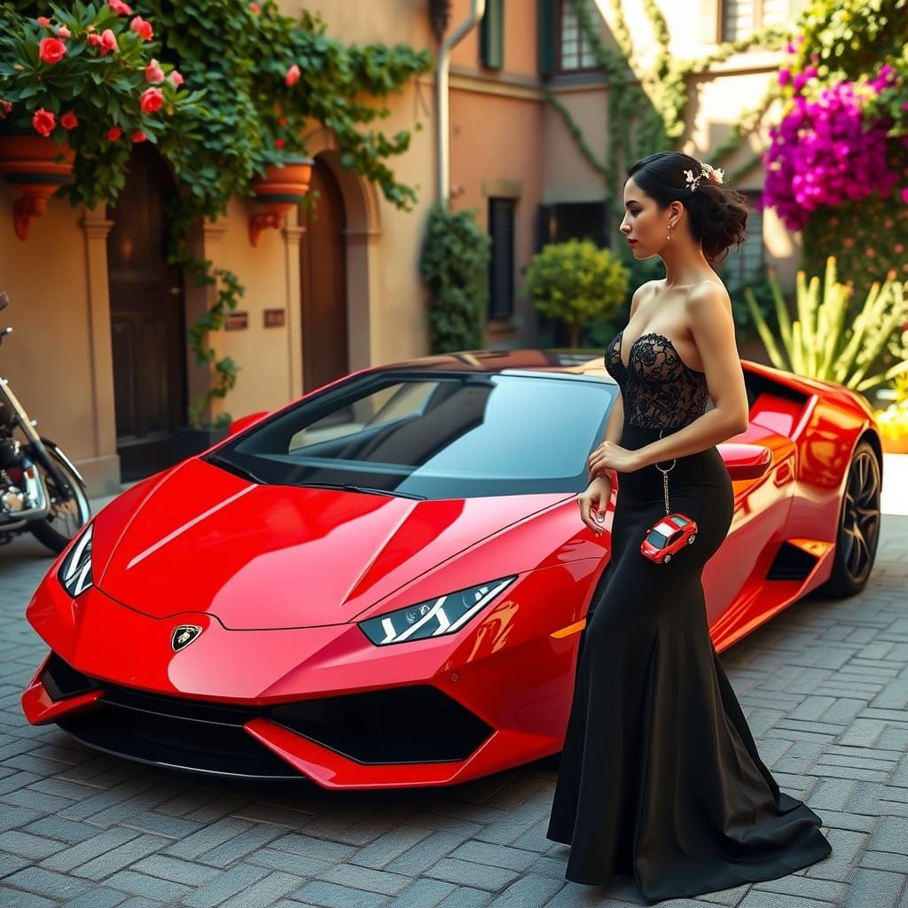 Crimson Lamborghini in Italian Courtyard