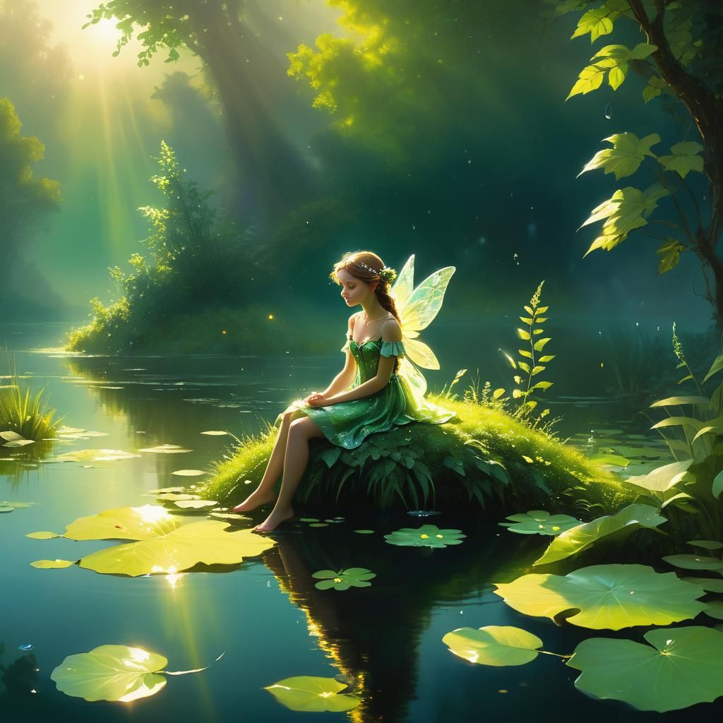 Fairy Deep in Thought, Art Nouveau Landscape