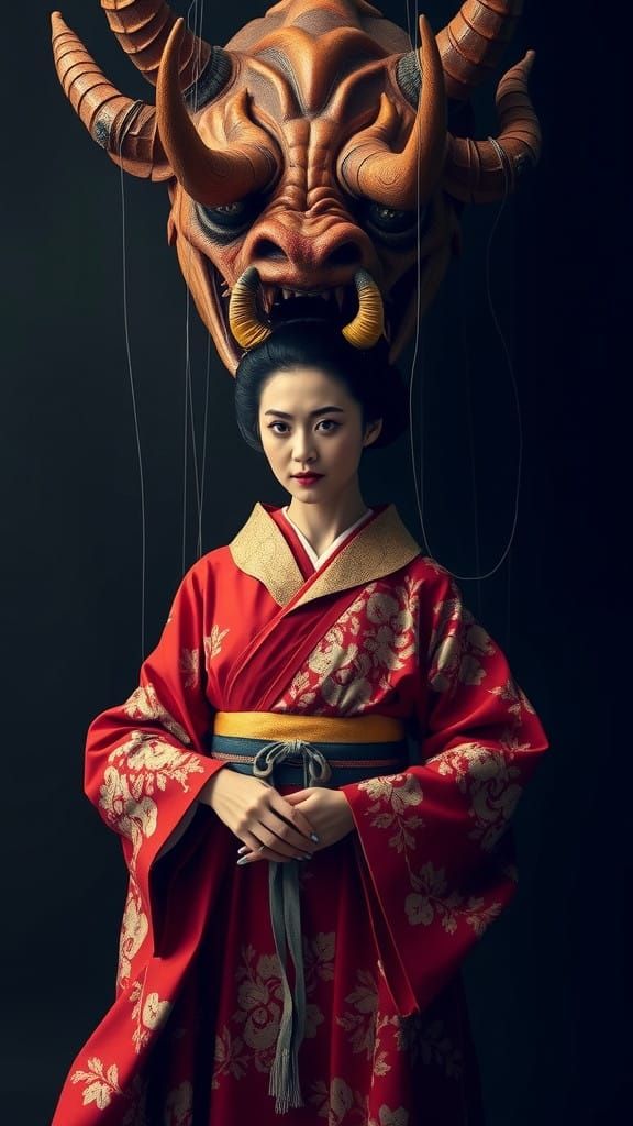 Mystical Japanese Woman in Crimson Kimono, Suspended by Twis...