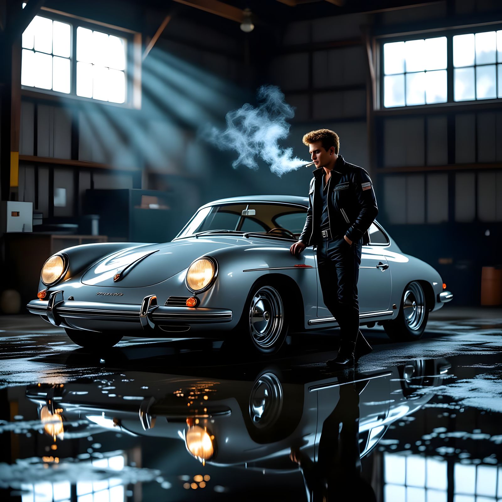 James Dean Leans on Porsche 550 Spyder in Moody Garage