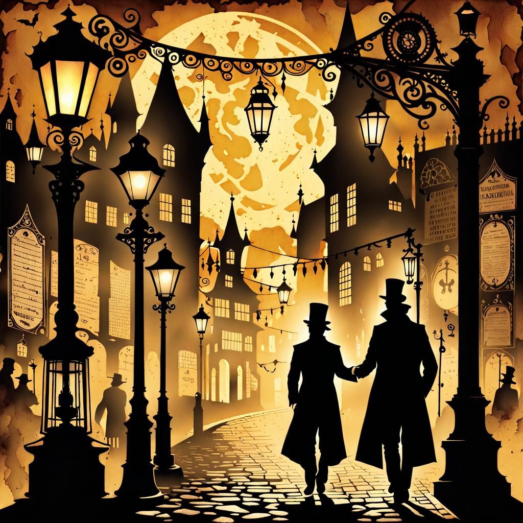 Steampunk Silhouette: Man and Lamppost in Ink
