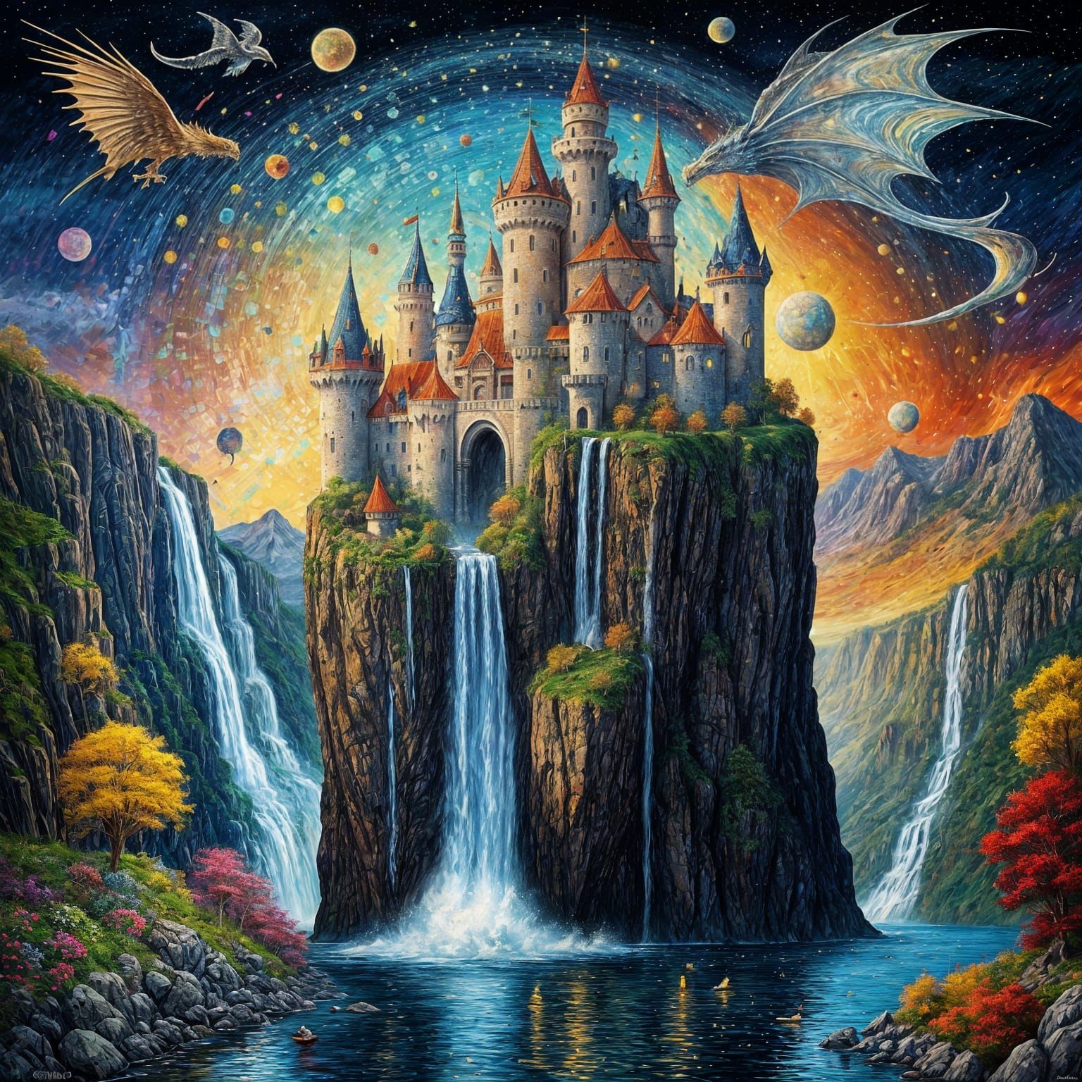 Magical Cliffside Castle with Dragons: Surreal Digital Art