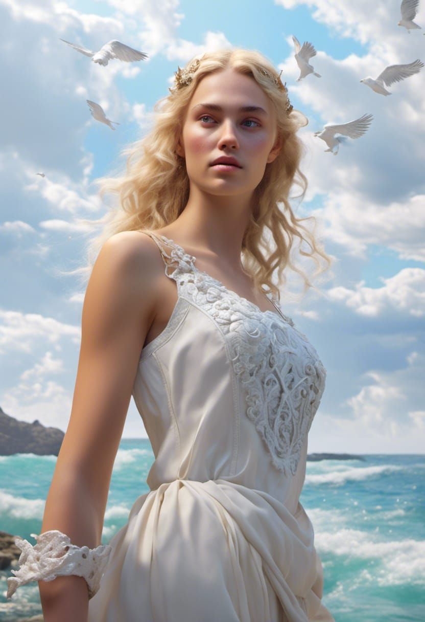 Medieval Beach Maiden and Sea Monster in Detailed Digital Pa...