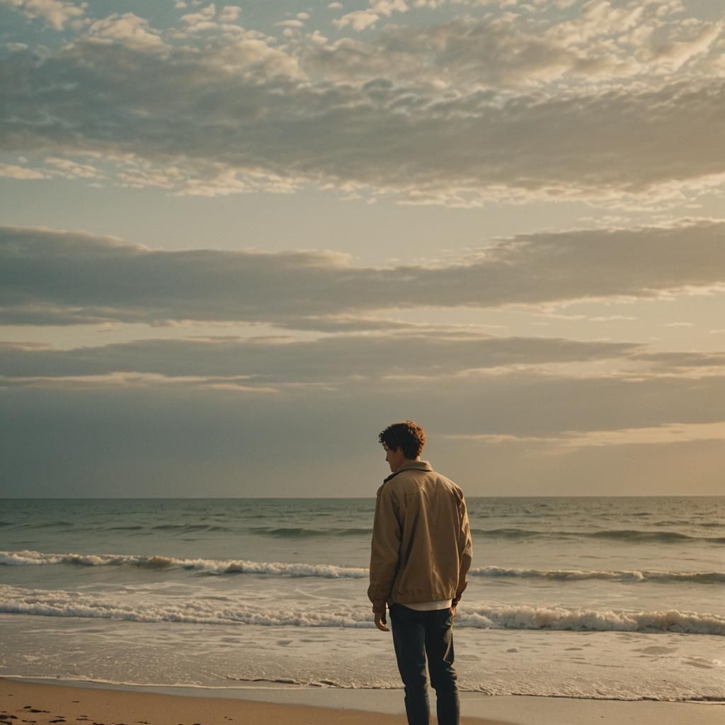 Nostalgic Young Man on Autumn Beach, Cinematic Style