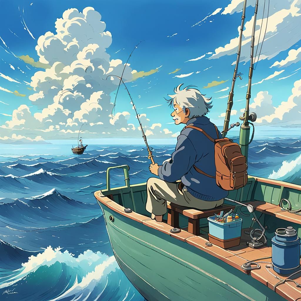 Old Man Fishing: Studio Ghibli Anime Visual
