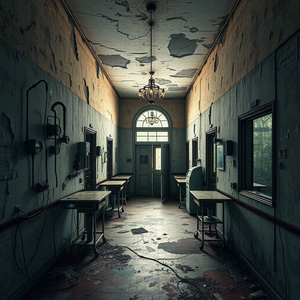 Eerie Abandoned Asylum Interior with Abstract Fractals