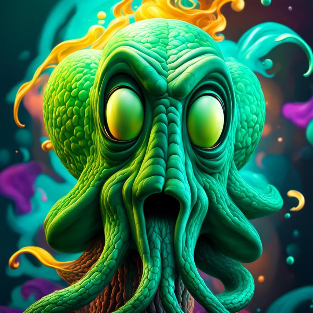 Hyperrealistic Squidward Splash Art Concept