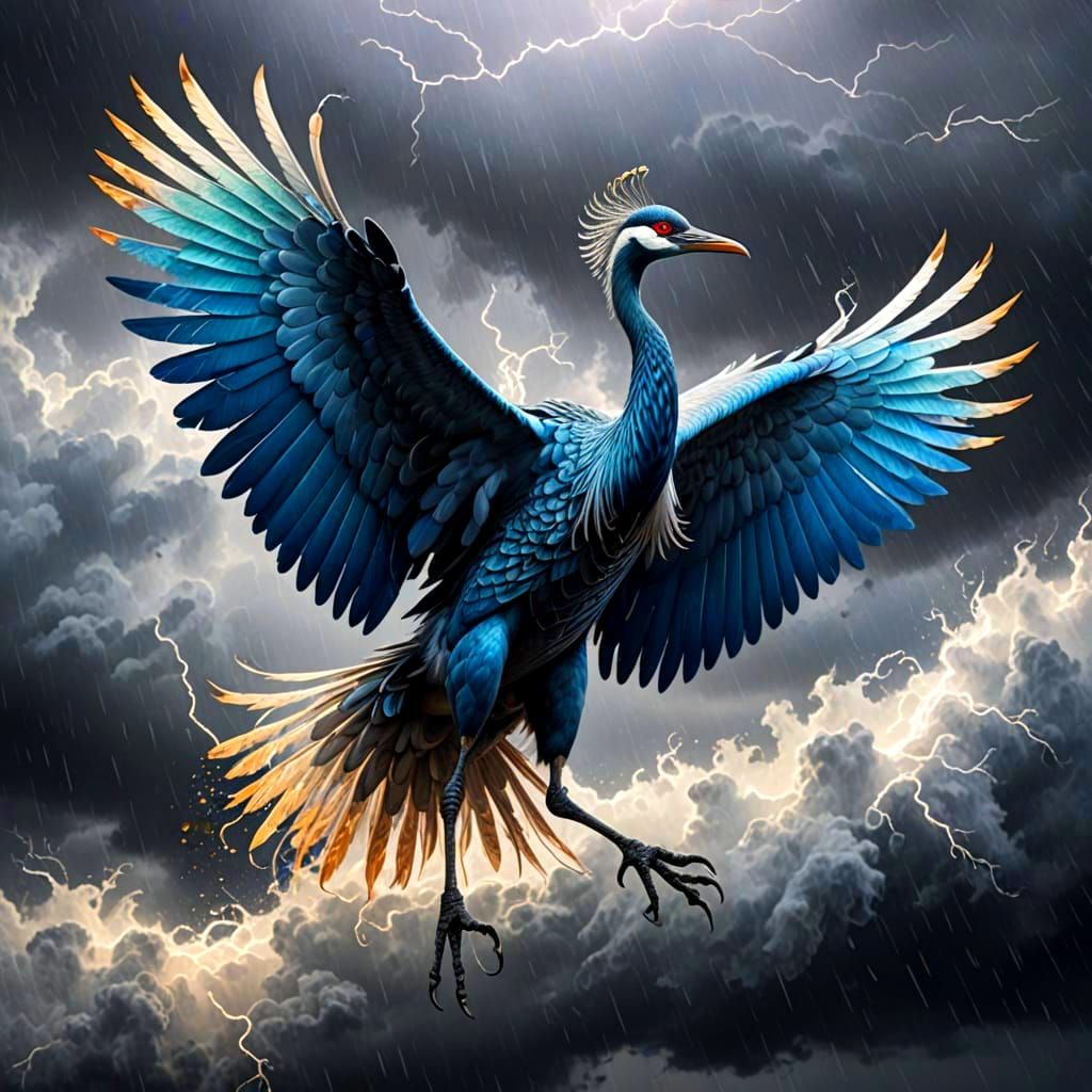 Mythical Crane in Stormy Sky: Ethereal Fantasy