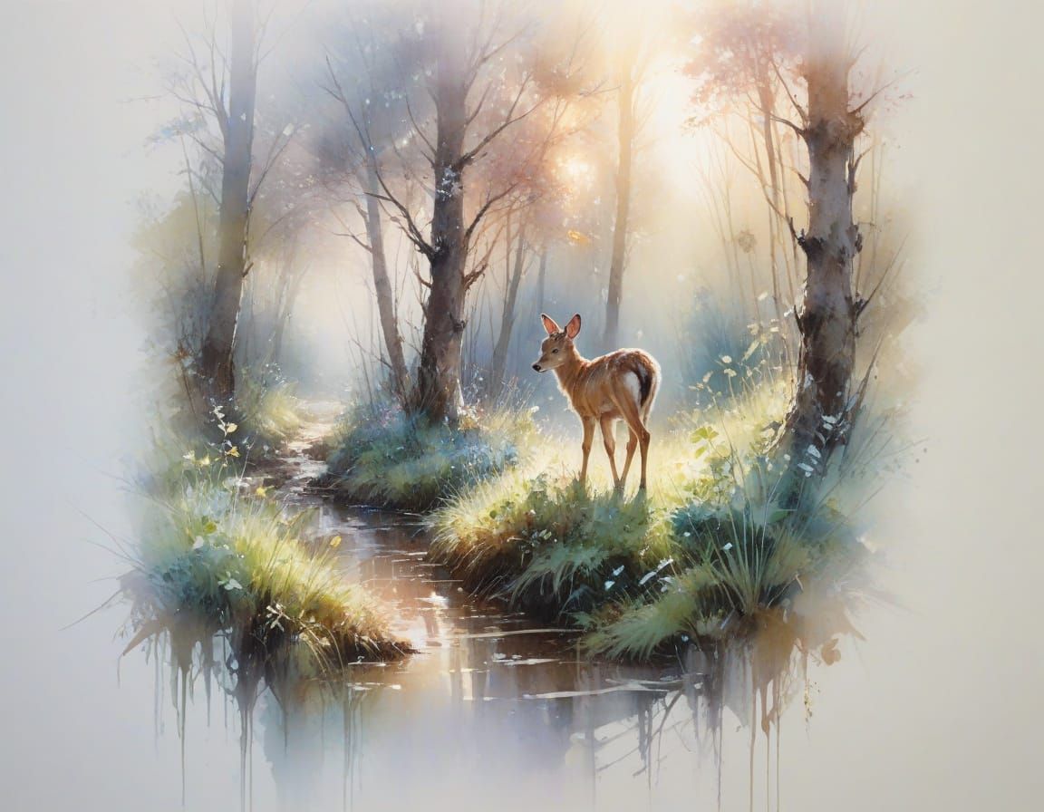 Fawn in Misty Glade with Sunlight, Watercolour Style
