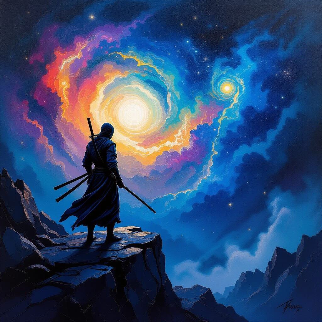 Lone Ninja on Alien Cliff Under Cosmic Nebula