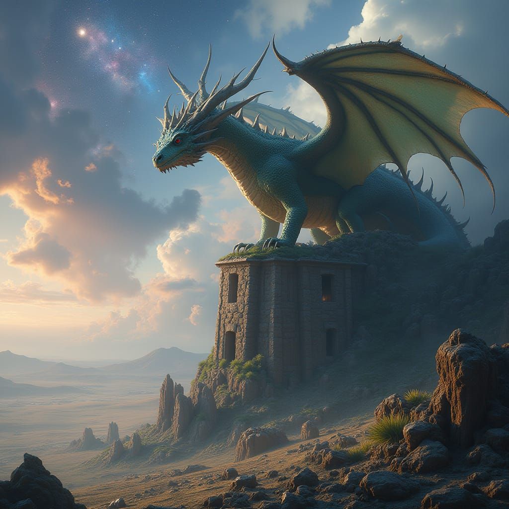 Ancient Dragon Over Alien Desert in Fantasy Concept Art Styl...