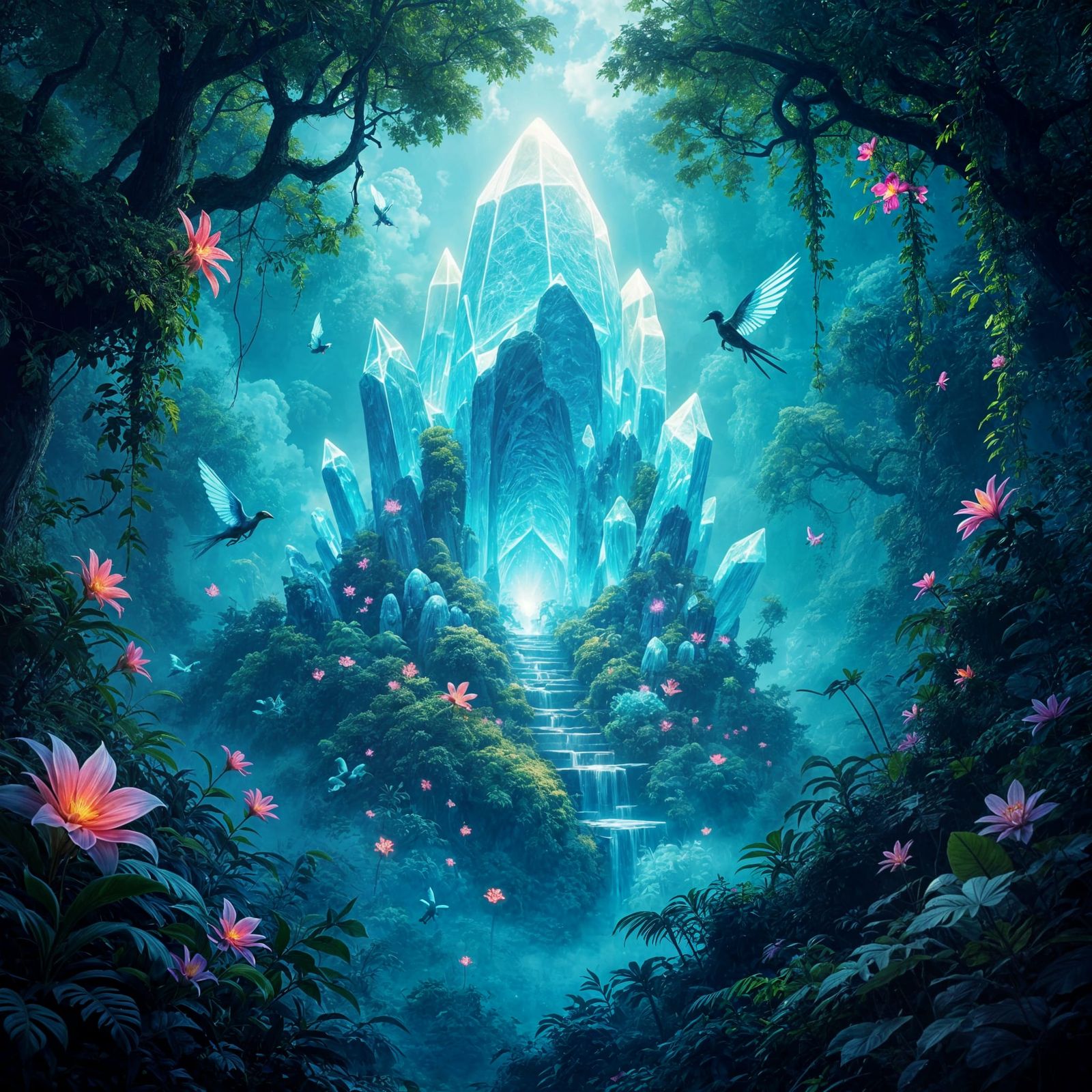 Bioluminescent Alien Jungle With Pulsing Crystal