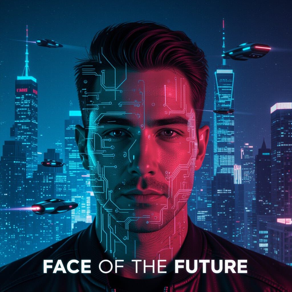 Futuristic Face Merged with Cyberpunk Cityscape