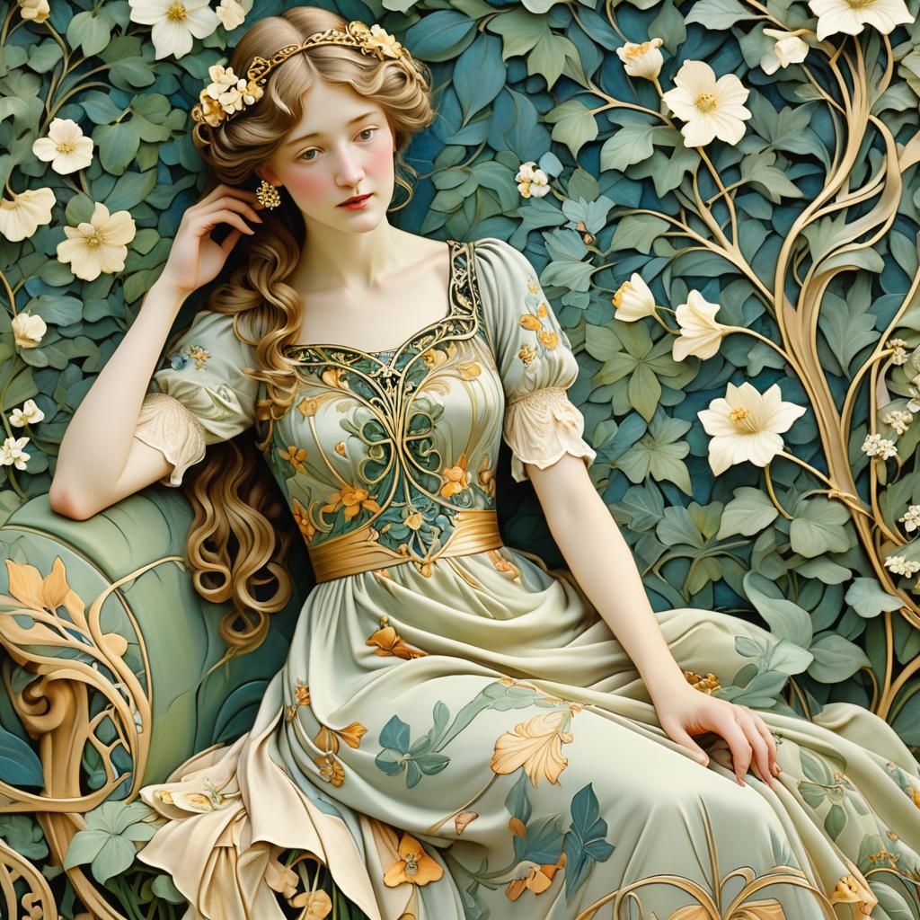 Art Nouveau Woman in Lush Garden with Floral Motifs