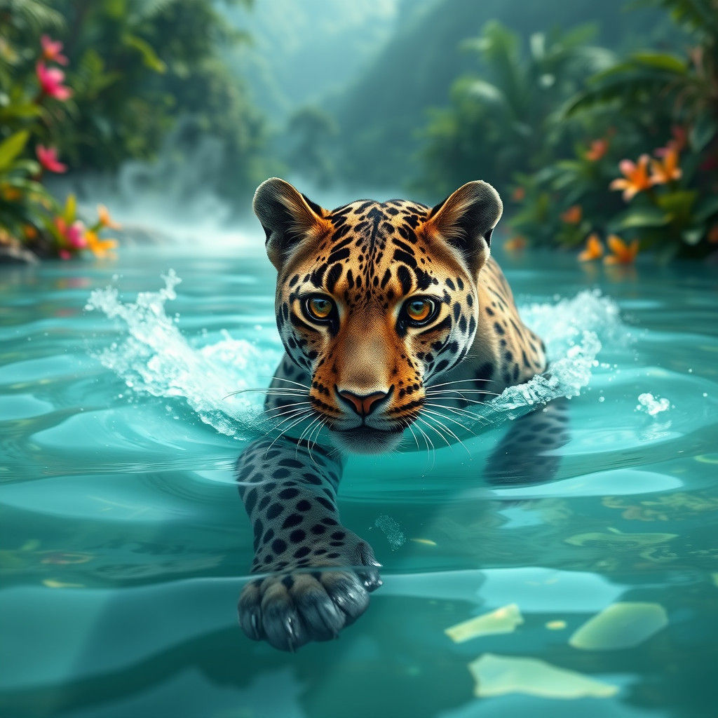 Clouded Leopard in Mystical River Landscape