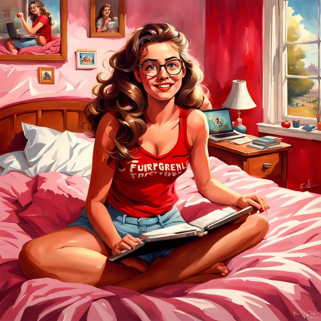 Nerdy Woman in Bedroom, Pin-Up Style