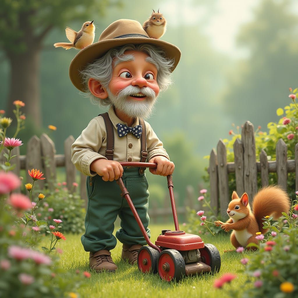 Whimsical Gardener Mowing Wildflower Lawn